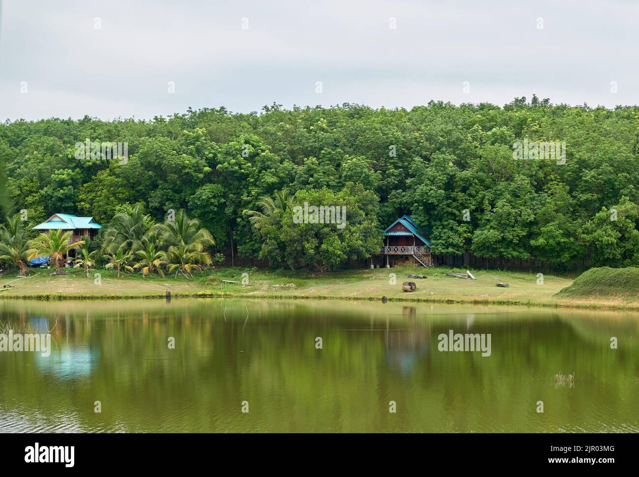 Eine verträumte Landschaft, ein kleines Haus in tropischen üppigen grünen Wäldern, an einem ruhigen See. Stockfoto