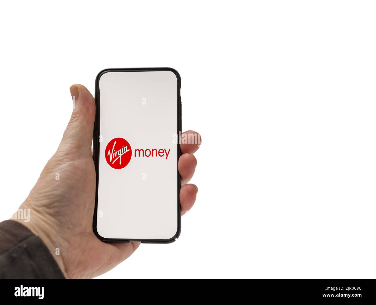 Cardiff Mid Glamorgan UK August 20 2022 Person mit Mobiltelefon mit Virgin Money Logo auf weißem Hintergrund Stockfoto
