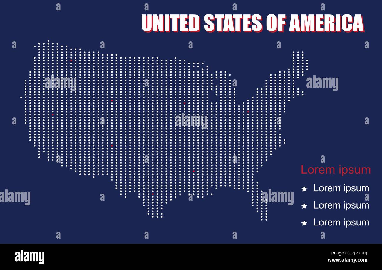 Nützliche Infografik-Vorlage. Pixel gepunktete Karte der Vereinigten Staaten von Amerika in USA Flagge Farbthema. Kommunikationsnetzkonzept 5G, IoT (Internet of Stock Vektor