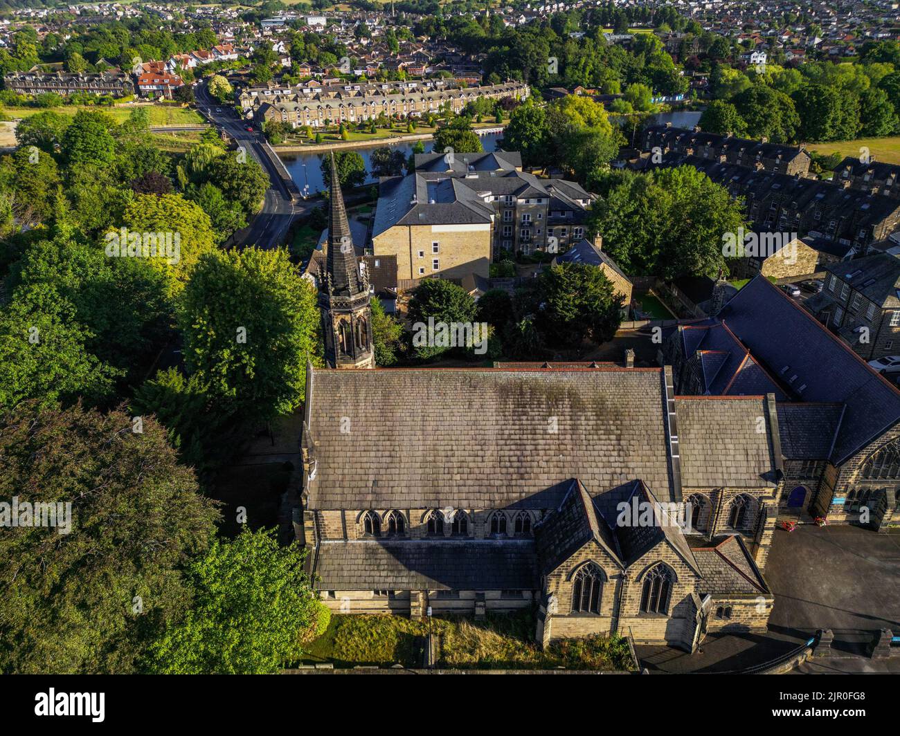 Luftaufnahme des Stadtzentrums von Otley. Eine Marktstadt in West Yorkshire. Stockfoto