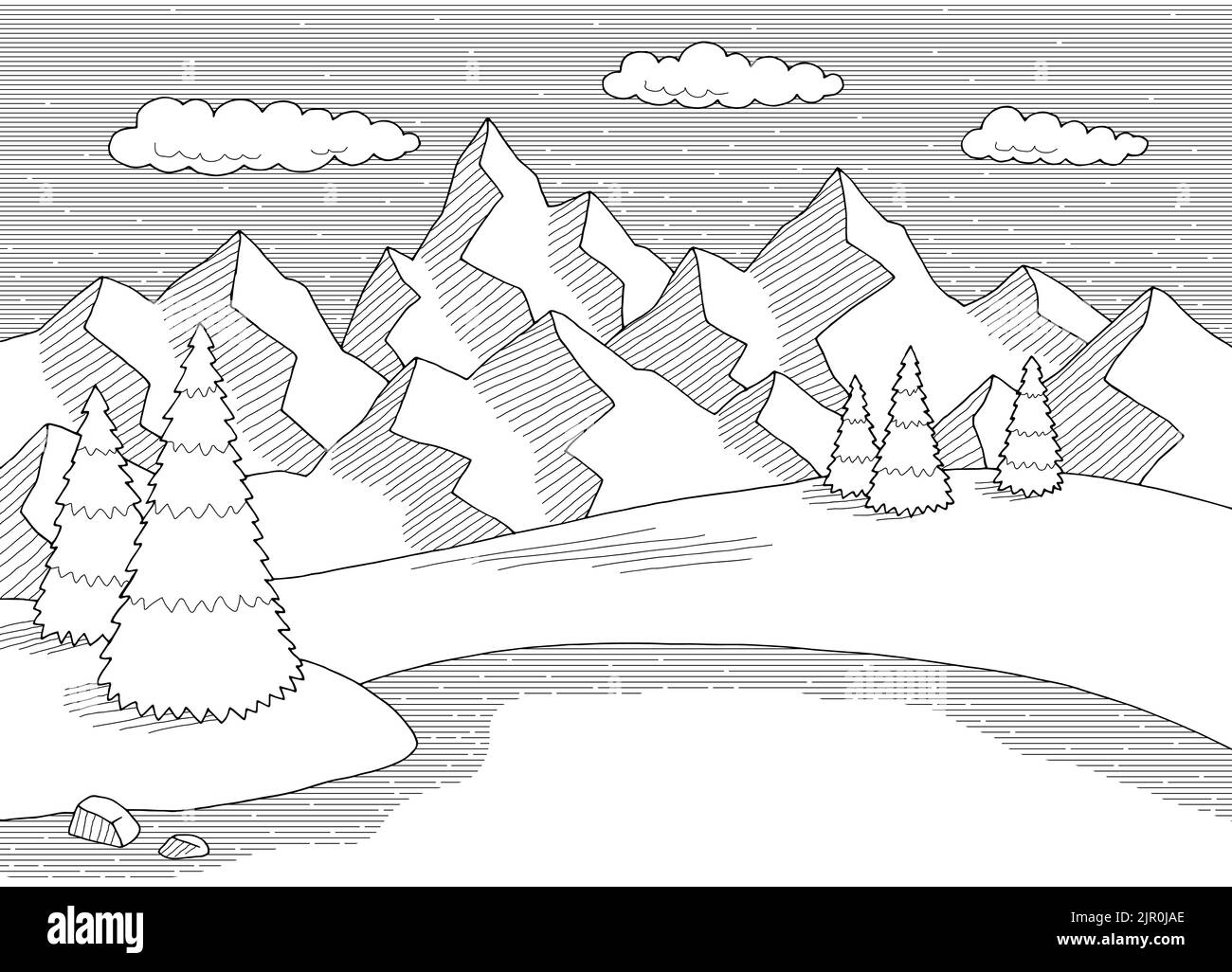 Berg See Grafik schwarz weiß Landschaft Skizze Illustration Vektor Stock Vektor