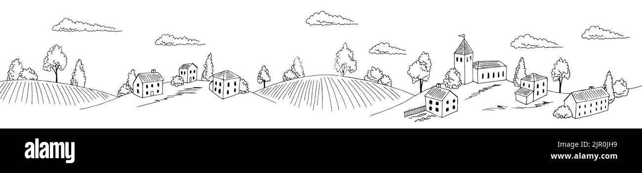 Dorf Hügel lang Grafik schwarz weiß ländliche Landschaft Skizze Illustration Vektor Stock Vektor