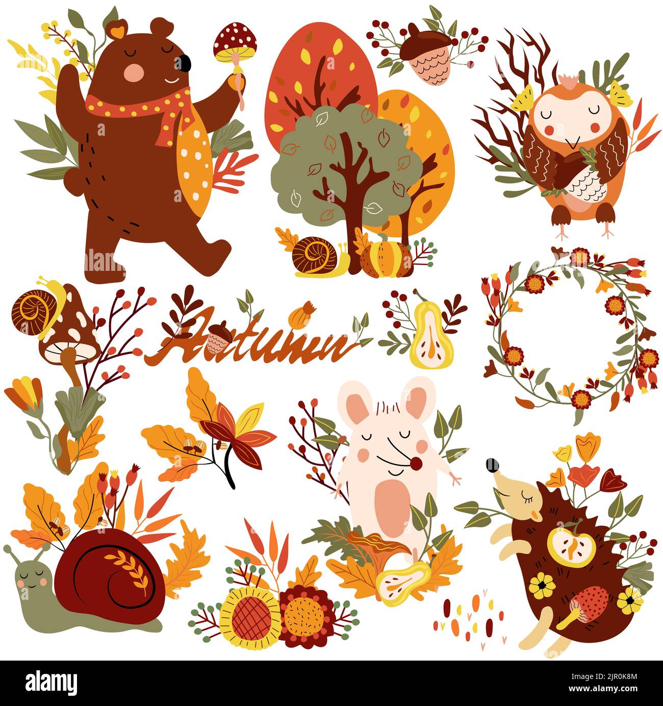 Herbst Set, niedliche Waldtiere und Elemente Herbst, nette Maus, eine lustige Eule, Igel, farbige Bäume, Herbstblätter, Pilze. Perfekt für Web, Erntefest, Banner, Karten und Thanksgiving. Stock Vektor