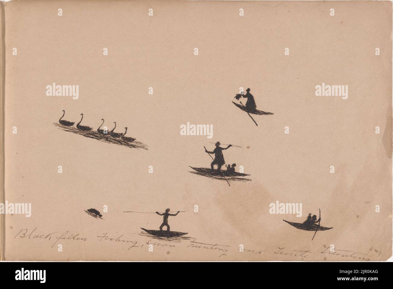 Tommy McRae - Kwatkwat People - Schwarze Gefährten, die fischen, Schwanenjagd und Schildkrötenjagd - Skizzenbuch der Aktivitäten der Aborigines Stockfoto