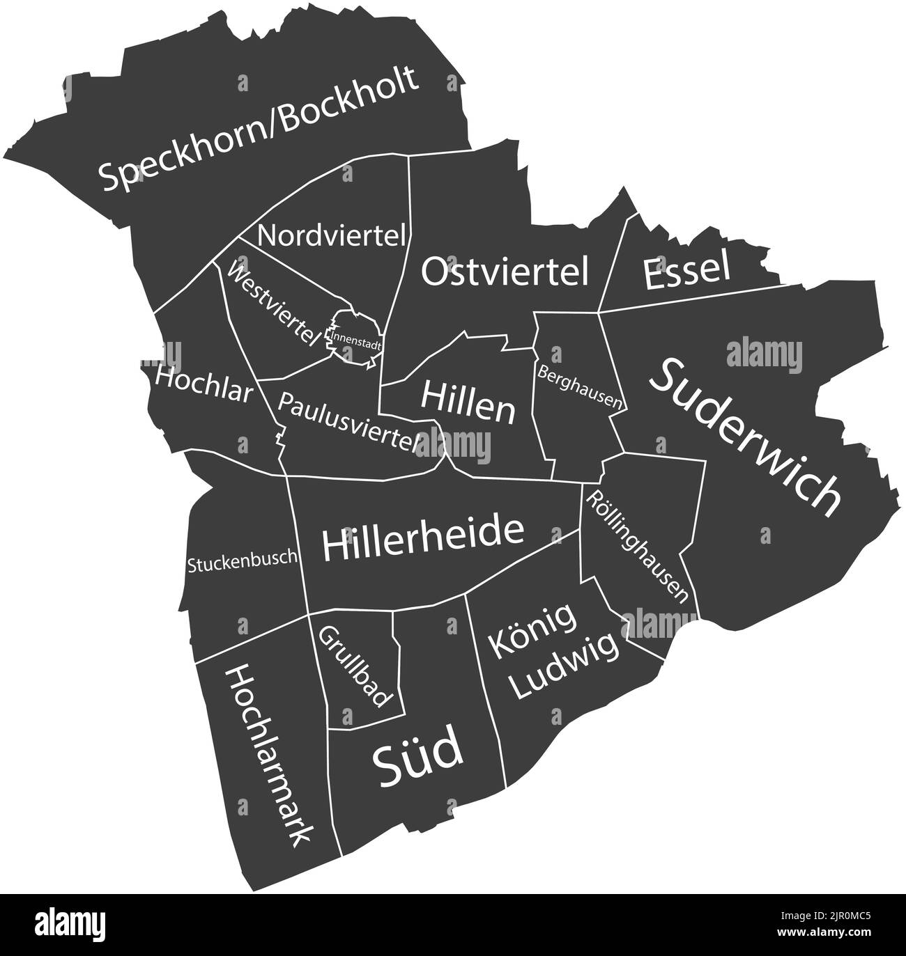 Dunkelgrau getaggte Bezirkskarte von RECKLINGHAUSEN, DEUTSCHLAND Stock Vektor