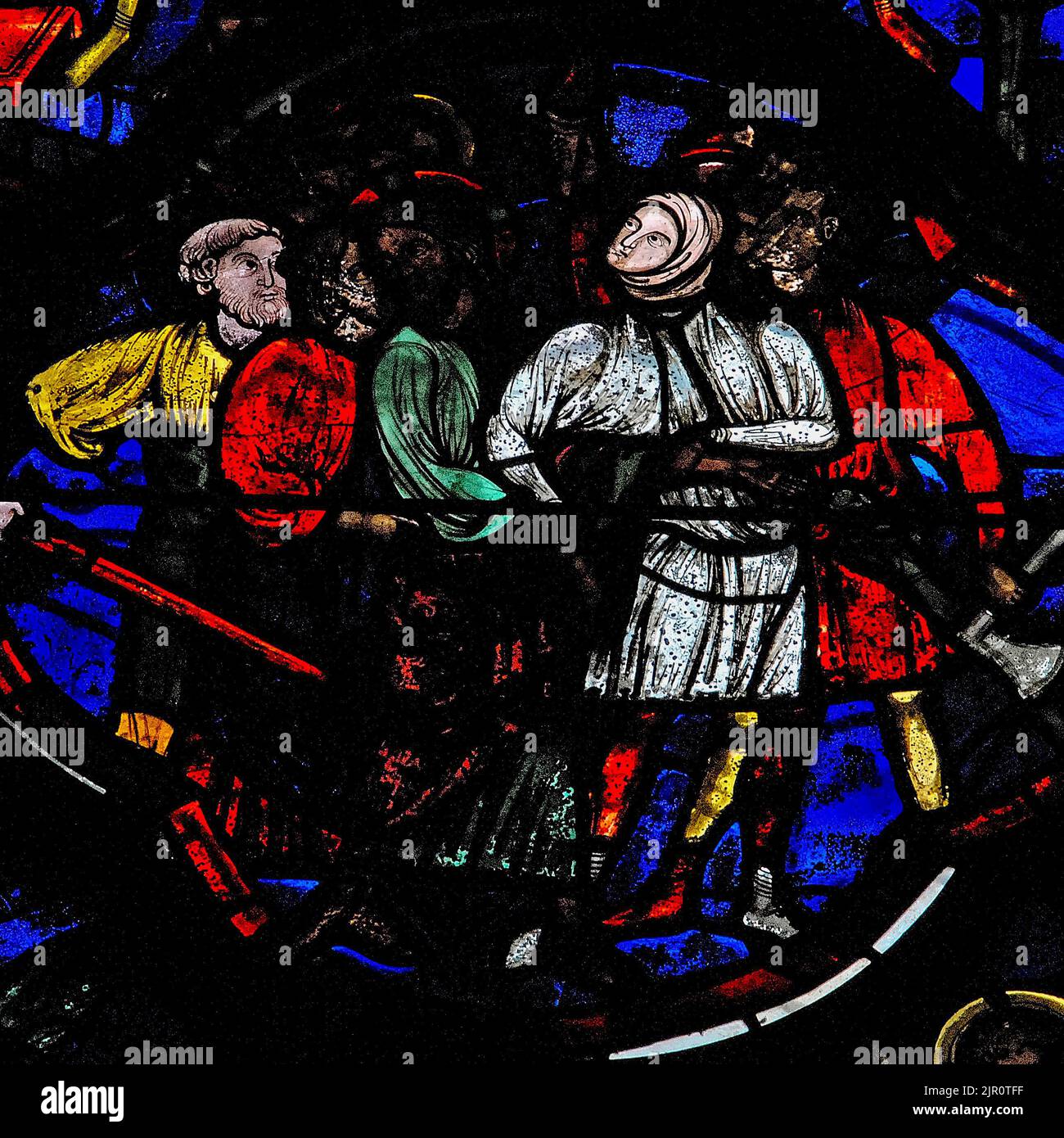 Der Verrat Jesu durch Judas Iskariot im Garten von Gethsemane: Quadratisches Detail von Quatrefoil aus lebendigem 13.. Jahrhundert Glasmalerei in einer Serie über die Ereignisse der Karwoche Passion Christi in der zentralen Lanzette in der Ostwand der frühgotischen Cathédrale Notre-Dame, Gegründet Ende 1100s in der nordfranzösischen Stadt Laon, Aisne, Hauts-de-France. Stockfoto Der Verrat Jesu durch Judas Iskariot im Garten von Gethsemane: Quadratisches Detail von Quatrefoil aus lebendigem 13.. Jahrhundert Glasmalerei in einer Serie über die Ereignisse der Karwoche Passion Christi in der zentralen Lanzette in der Ostwand der frühgotischen Cathédrale Notre-Dame, Gegründet Ende 1100s in der nordfranzösischen Stadt Laon, Aisne, Hauts-de-France. Stockfoto