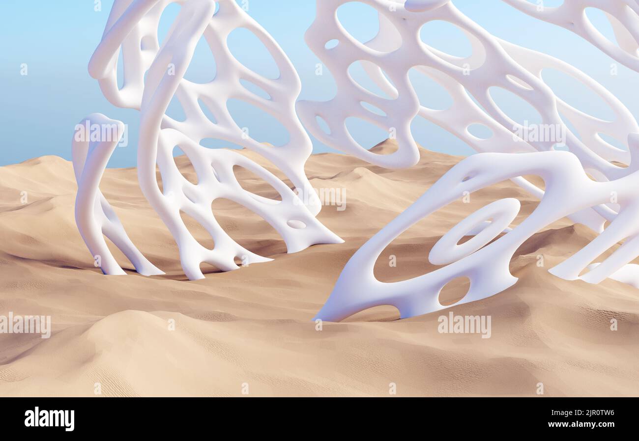 Surreale Wüstenlandschaft mit weißer Hemisphäre durch organische Formen Stockfoto
