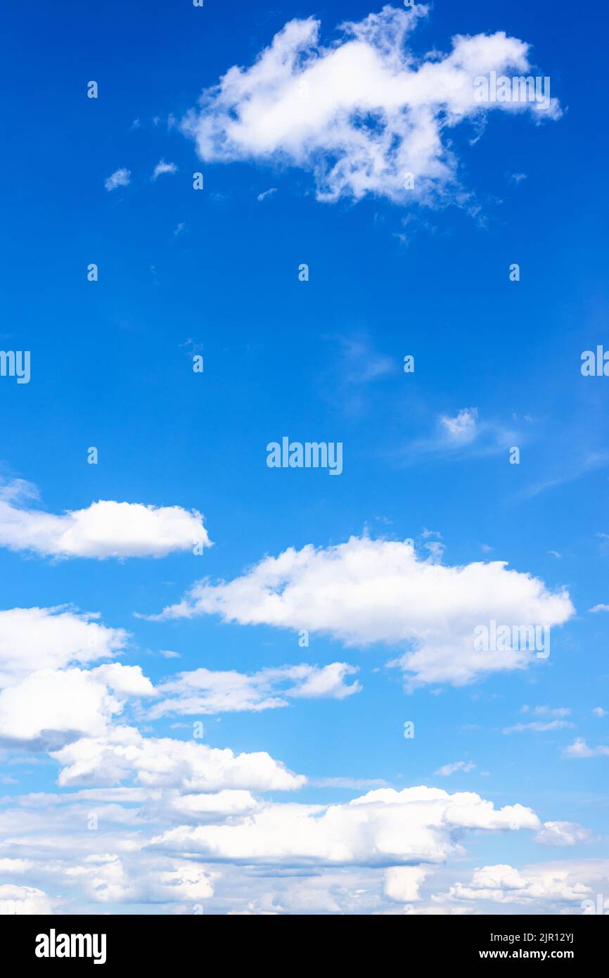 Verschiedene weiße Cumulus-Wolken am sonnigen Sommertag über Moskau am blauen Himmel Stockfoto