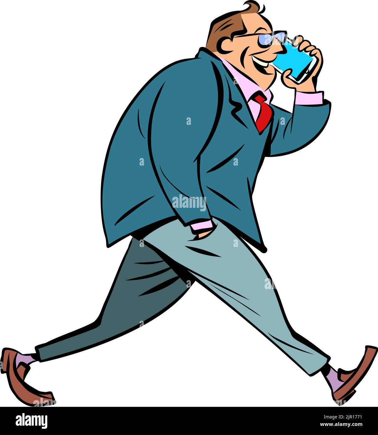 Ein fröhlicher Geschäftsmann spricht am Telefon, Ausrüstung, Kommunikationsmittel. Ein Mann und ein Smartphone Stock Vektor