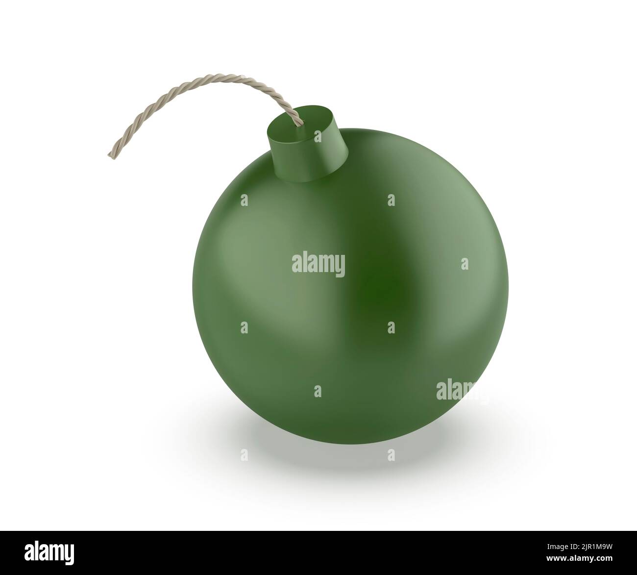 Grüne Bombe mit Sicherung auf weißem Hintergrund Stockfoto