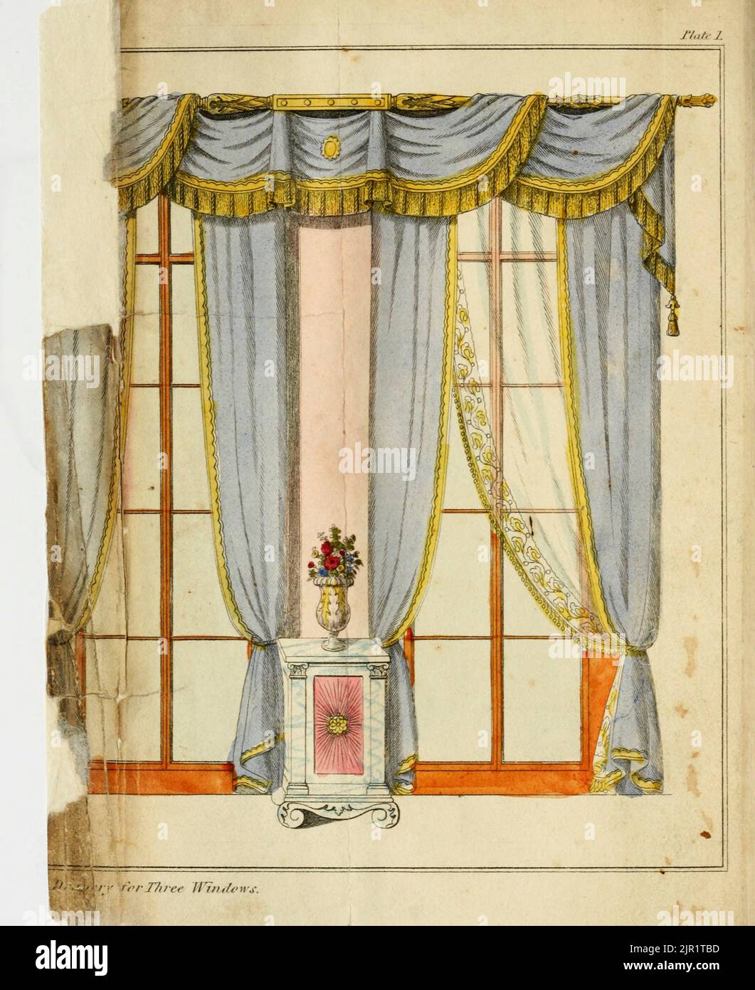 Drapery for Three Windows from Complete Cabinet Maker, and Upholsterer's Guide: Umfassend, die Grundlagen und Prinzipien des Cabinet-Macherens und Polsterens, mit vertrauten Anweisungen, illustriert durch Beispiele, um eine Vortrefflichkeit in der Kunst des Zeichnens zu erreichen: Die Prozesse des Verblendens, des Inleierens und der Buhl-Arbeit : Die Kunst Des Färbens Und Färbens Von Holz, Elfenbein, Knochen, Tortoiseshell Usw. Anweisungen zum Lackieren [Lackieren] , Japanning und Lackieren, um Französisch Polnisch zu machen; um die besten Klebstoffe, Zemente, & Kompositionen und Eine Reihe von Quittungen, besonders nützlich für die Arbeiter im Allgemeinen vorzubereiten. Von M Stockfoto