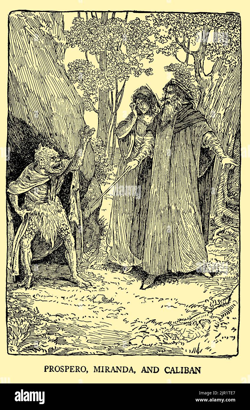 Prospero, Miranda und Caliban - der Sturm aus dem Buch "Tales from Shakespeare" von William Shakespeare herausgegeben von Charles und Mary Lamb illustriert von Louis Rhead, Verlag New York, London, Harper & Bros im Jahr 1918 Stockfoto