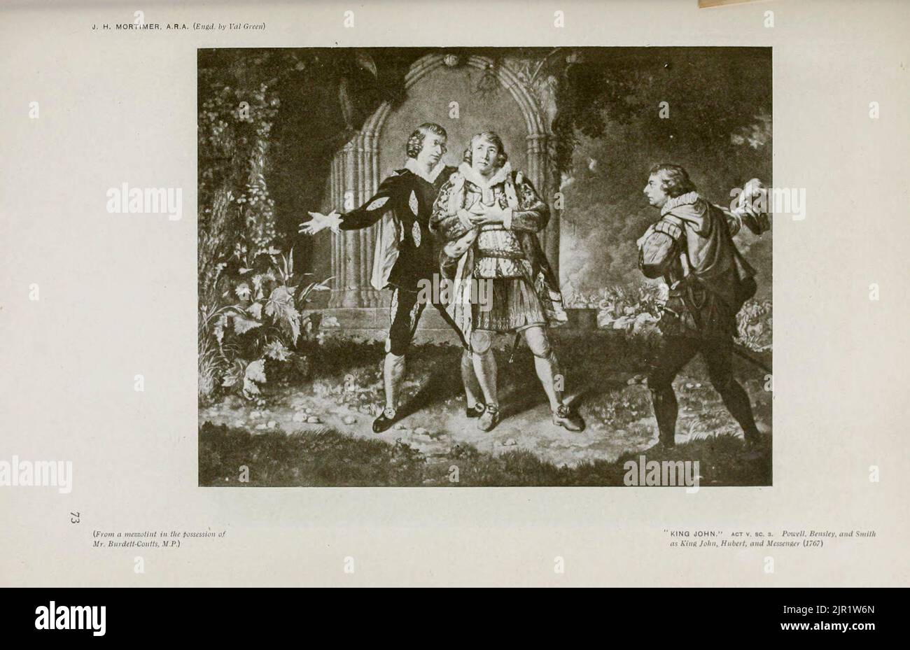 King John Act 5 sc 3 Powell, Bensley, and Smith as King John, Hubert, and Messenger 1767 von J. H. Mortimer aus dem Buch „Shakespeare in pictorial Art“ von Salaman, Malcolm Charles, 1855-1940; Holme, Charles, 1848-1923 Erscheinungsdatum 1916 Verlag London, New York [etc.] : 'The Studio' ltd. Stockfoto