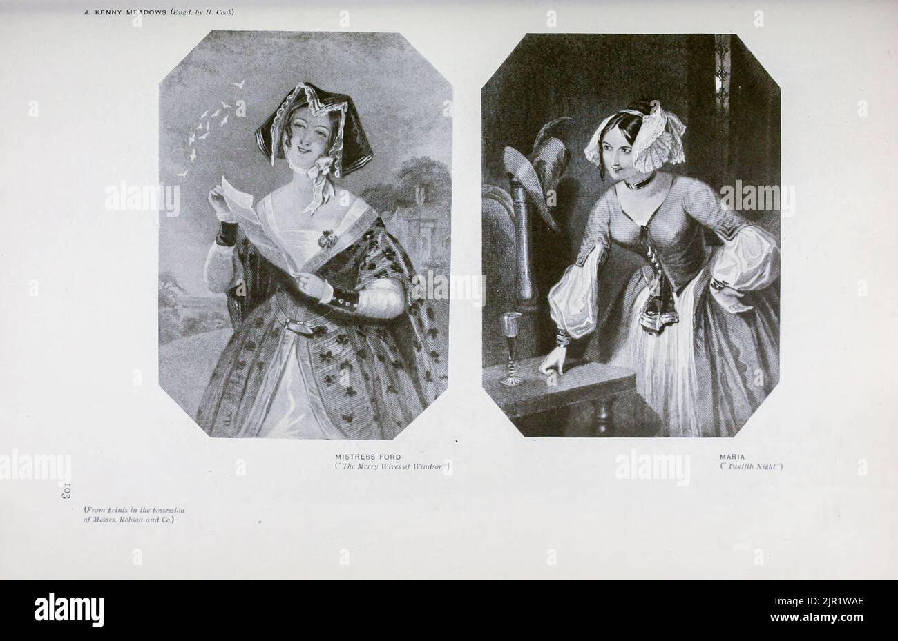 Herrin Ford (die fröhlichen Frauen von Windsor) links Maria (zwölfte Nacht) rechts von J. Kenny Meadows (gestochen von H. Cook) aus dem Buch „Shakespeare in pictorial Art“ von Salaman, Malcolm Charles, 1855-1940; Holme, Charles, 1848-1923 Erscheinungsdatum 1916 Verlag London, New York [etc.] : 'The Studio' ltd. Stockfoto