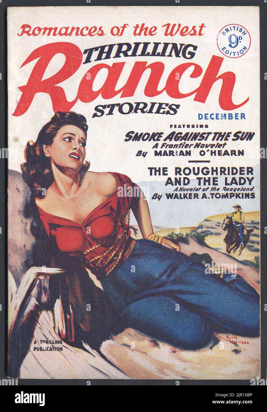 Spannende Ranch Stories Zeitschrift, British Edition, Preis 9d. Ausgabe Januar 1951, erscheint monatlich. Atlas Publishing, London. Nachgedruckt von einem amerikanischen Original. Cover-Art Kirk Wilson. Diese monatlichen Zeitschriften waren voller serialisierter Kurzgeschichten, und spannende Ranch Stories begannen 1933 in Amerika. Irgendwann Ende des Jahres 1940s lizenzierte Atlas die Rechte für Großbritannien, und die Zeitschriften wurden mehr oder weniger genau reproduziert, obwohl die Cover kopiert wurden und so einen gröberen Druckbildschirm hatten. Sie folgten ein paar Monate nach der amerikanischen Freilassung. Stockfoto