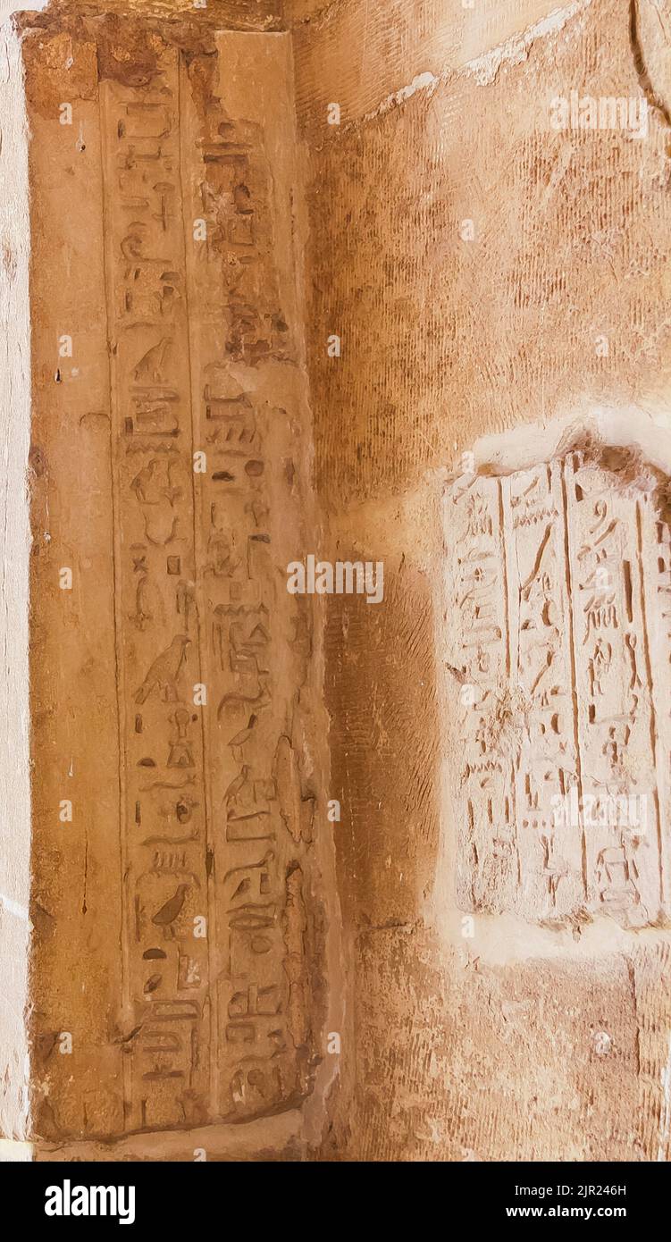 Ägypten, Saqqara, Grab des Horemheb, Statuenraum, Hymne für den gott Oiris. Stockfoto