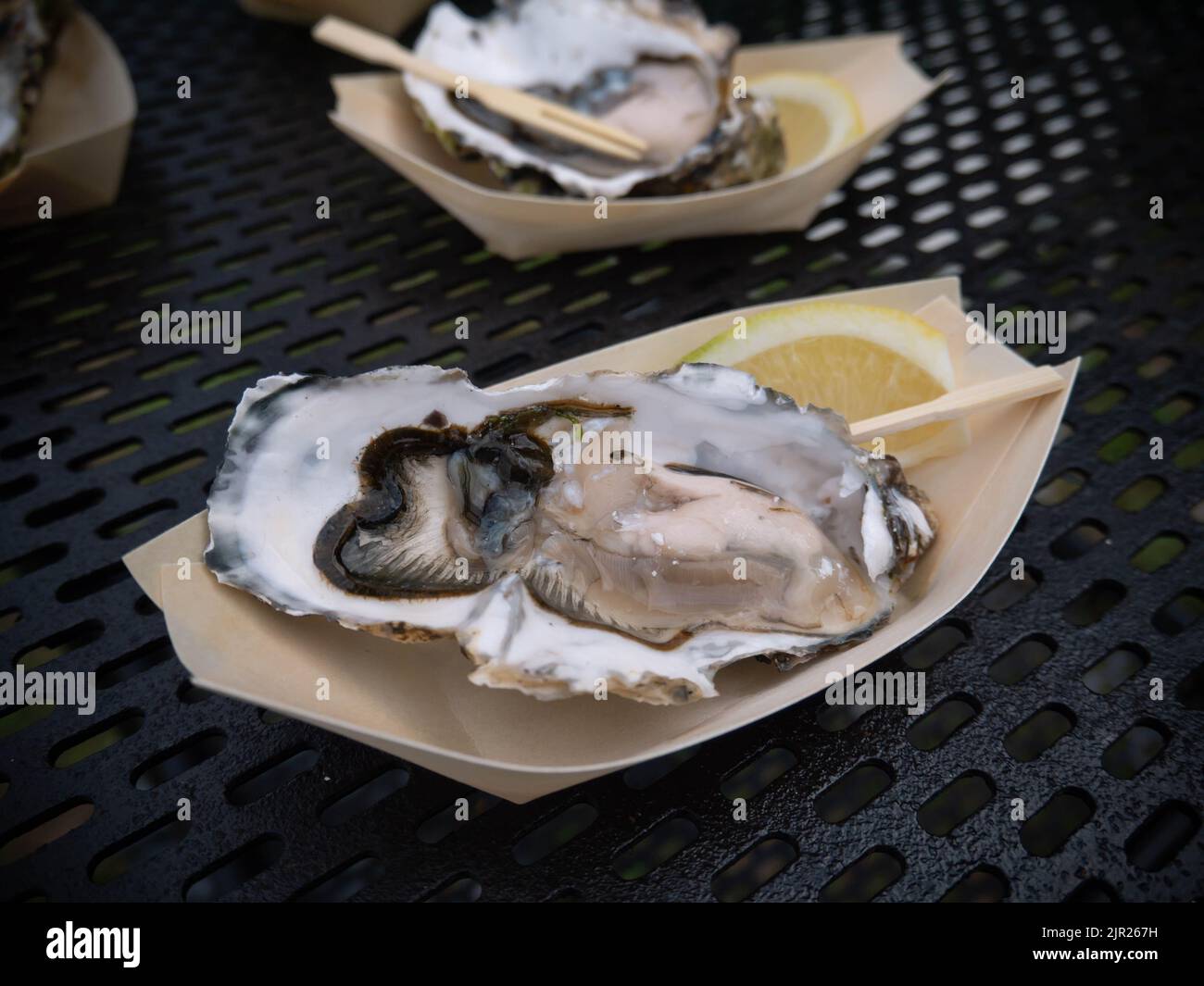 Frische rohe Auster in der Perlmuschel mit Zitrone auf dem Pappteller auf dem schwarzen Eisentisch Stockfoto