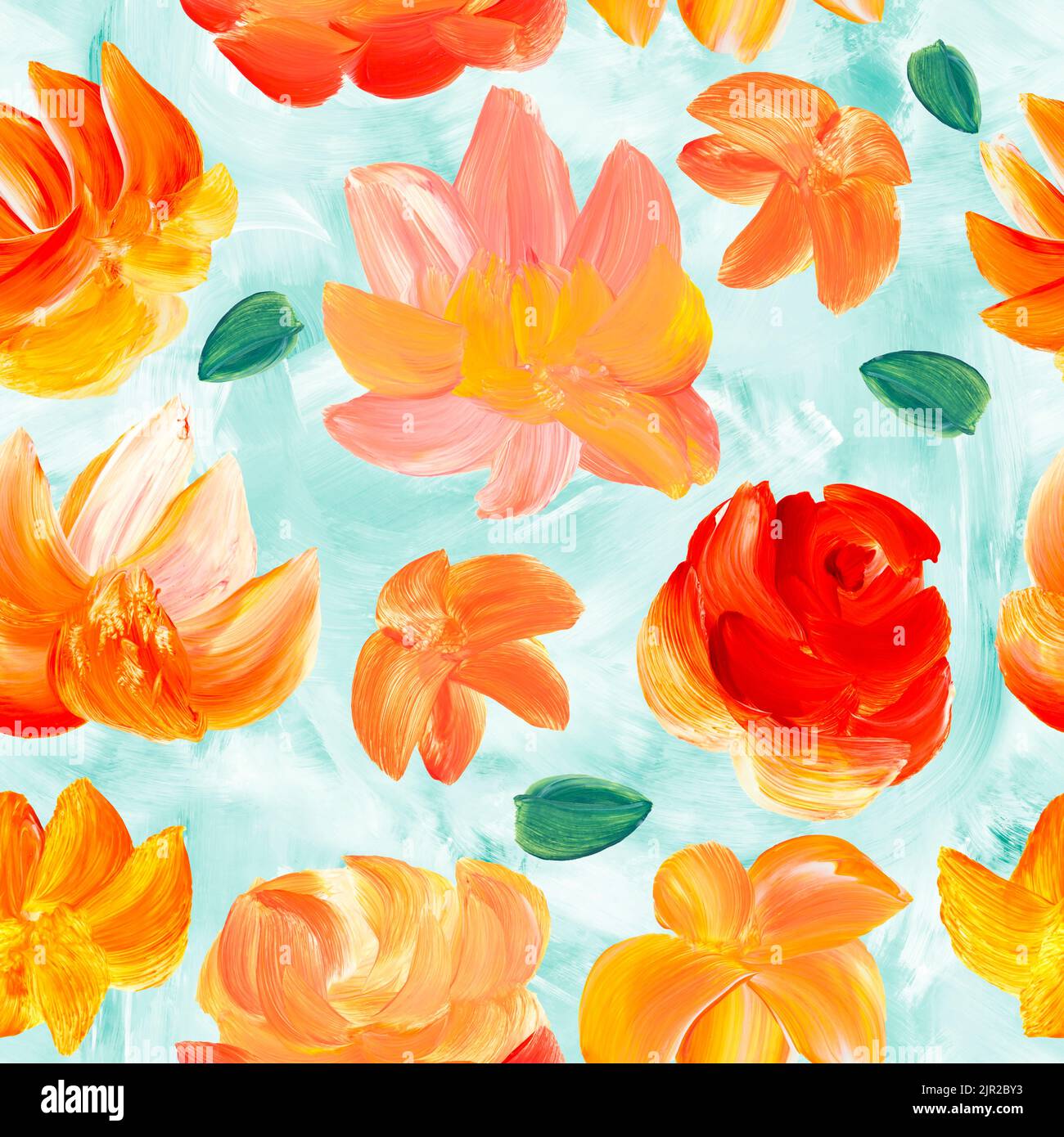 Nahtloses Muster aus abstrakten roten und orangen Blumen, Kunstmalerei, kreativer, handgemalter Hintergrund, Pinselstruktur, Acrylmalerei auf Leinwand. Modern Stockfoto