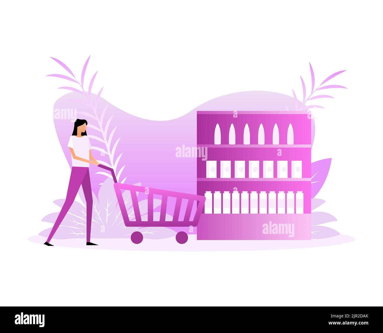 Flache Abbildung mit Einkaufen Lebensmittel Menschen. Online-Shopping. Online-Markt Stock Vektor