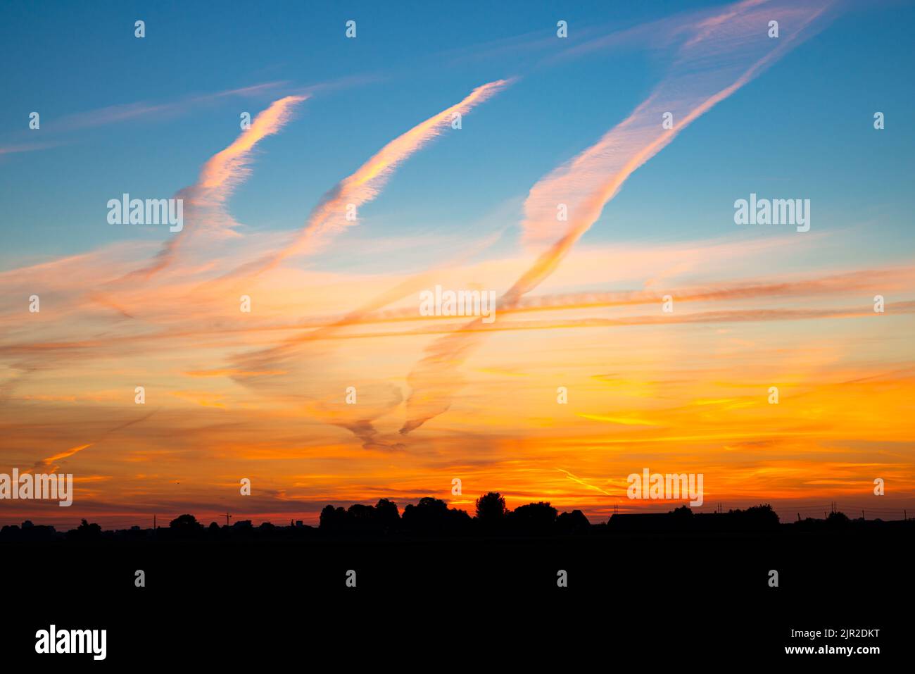 Wasserdampfspuren von Flugzeugen, auch als Kondensstreifen bekannt, werden durch die untergehende Sonne wunderschön gefärbt Stockfoto