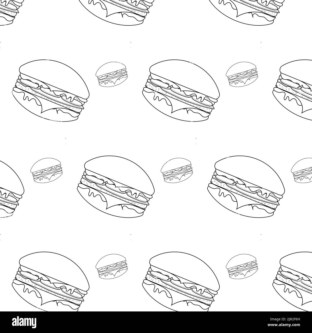 Muster mit Burgern. Burgermuster auf weißem Hintergrund. Schwarz-weiß-Burger-Muster. Hamburger. Cheesburger. Hamburger-Muster. Vektorgrafiken Stockfoto