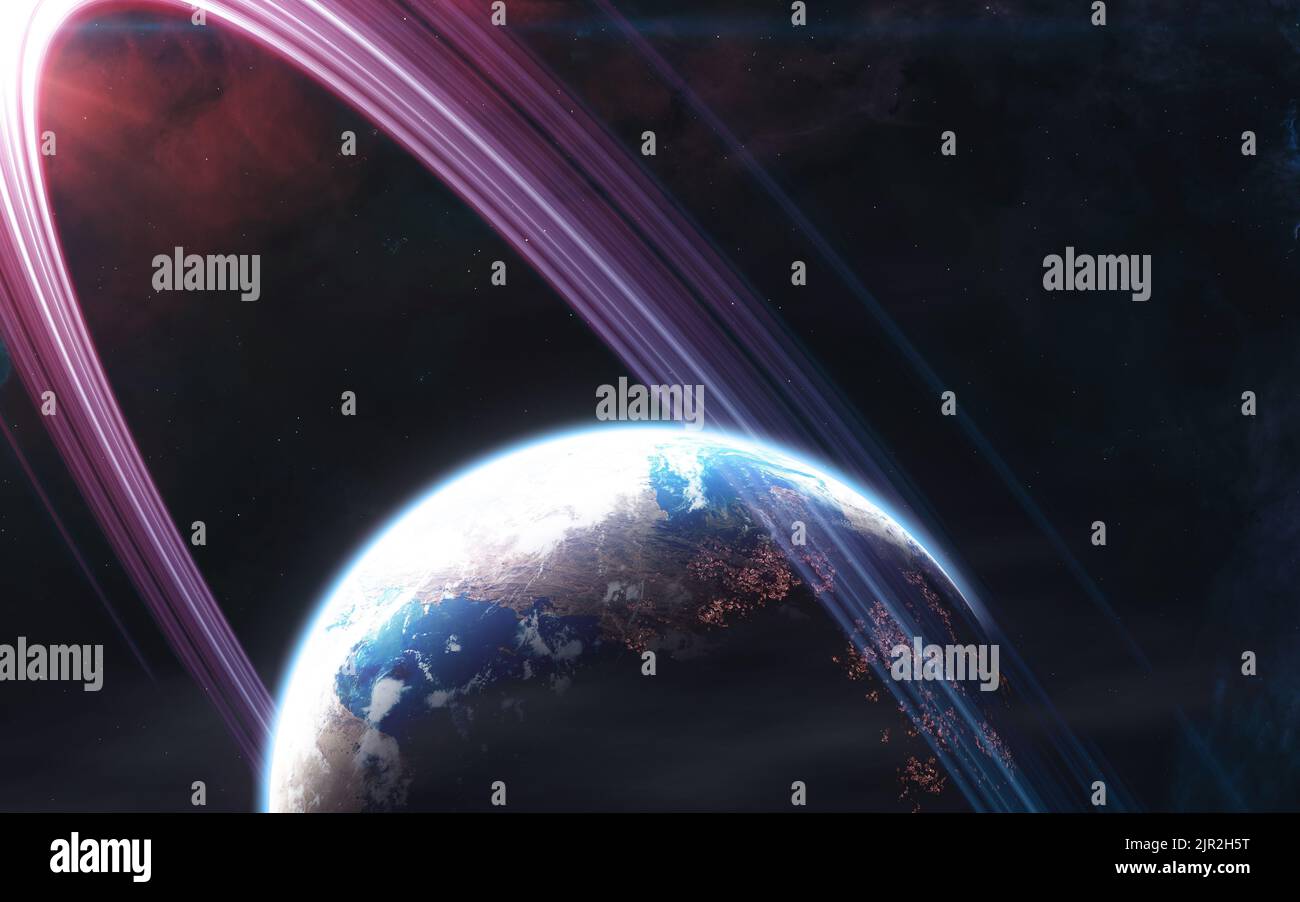 Entfernter bewohnbarer Planet. Blick aus dem All durch kosmischen Staub Stockfoto