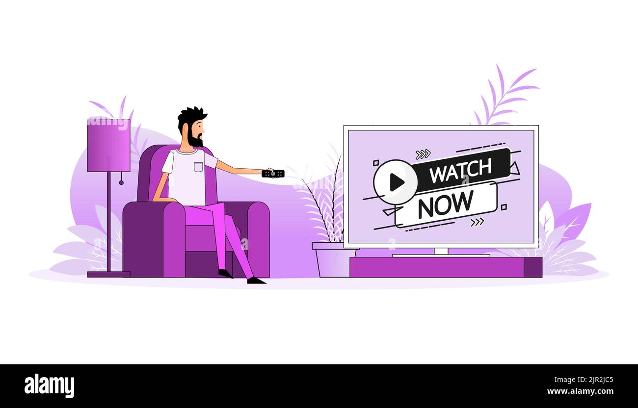 Mann sitzt auf der Couch, sie schalten den Sender auf dem Fernseher - Jetzt ansehen Stock Vektor