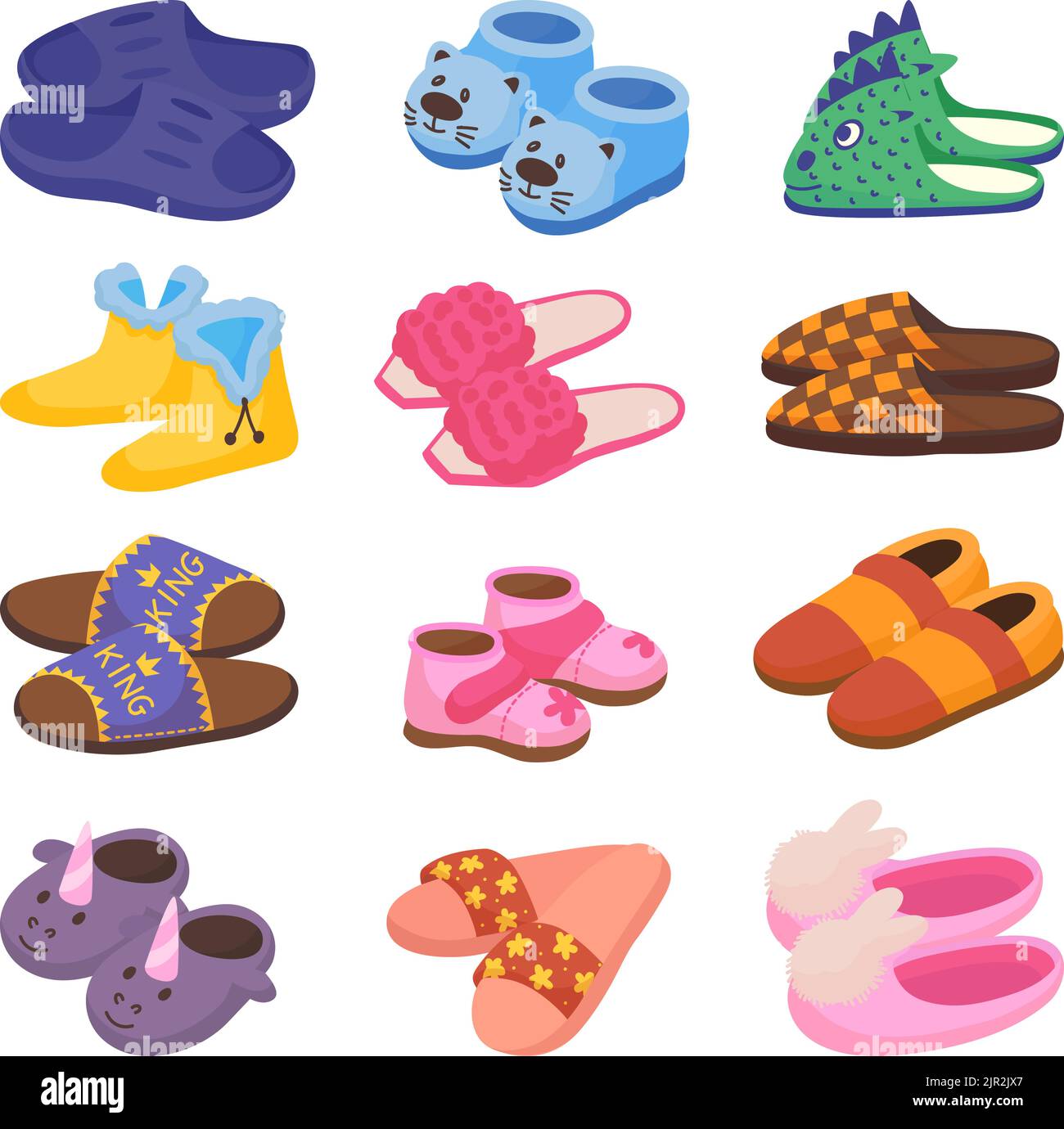 Cartoon-Hausschuhe für Kinder und Erwachsene. Damen Heimschuhe, flauschige Schuhe. Winterhaus gemütliche Slipper, komfortable Accessoires neoterischen Vektor Clipart Stock Vektor