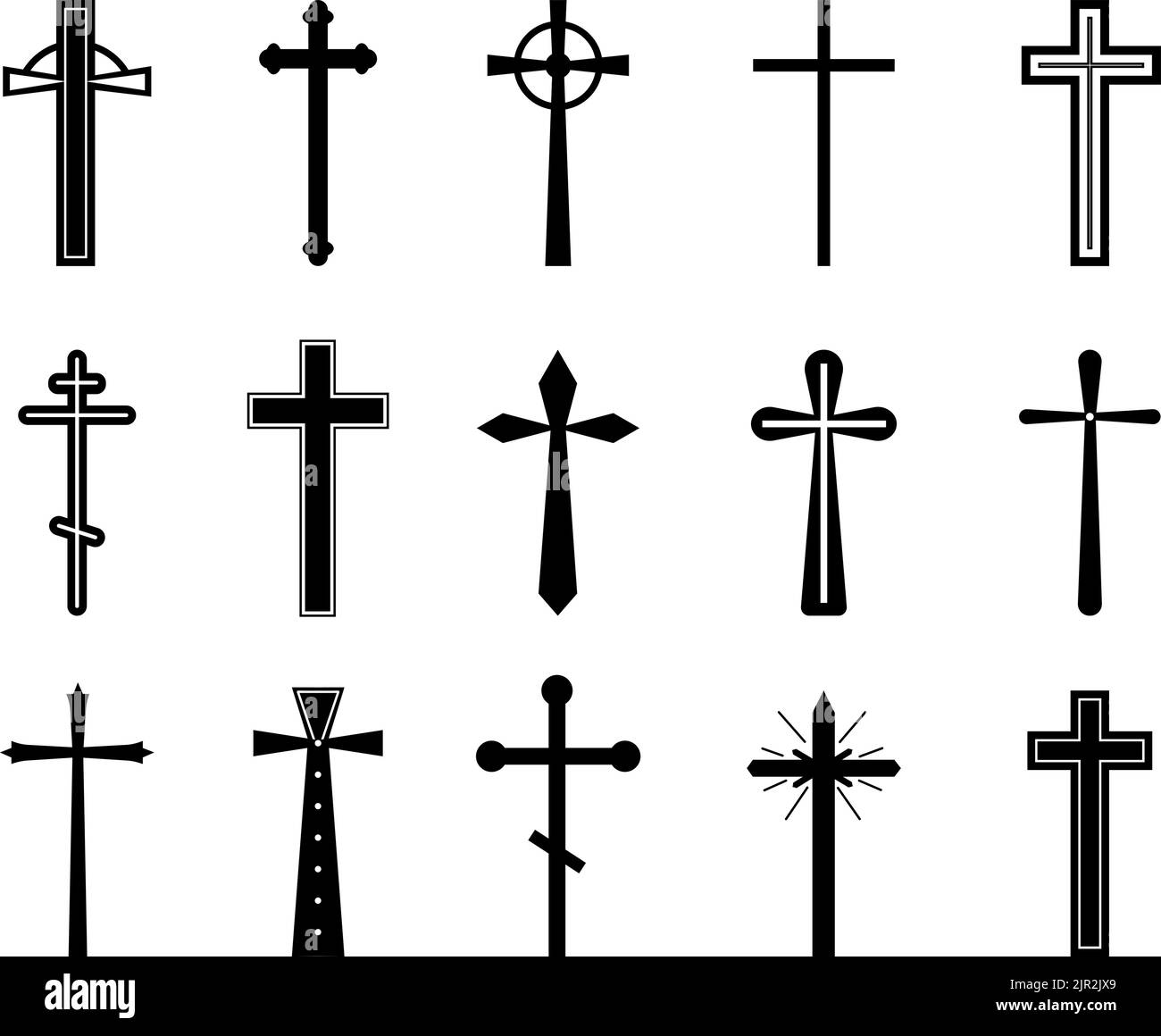 Christliches Kreuz gesetzt. Katholische Kirche Kreuze, Kruzifix Silhouette. Gotische grafische Objekte. Orthodoxe oder Taufe Religion einfache anständige Vektor heilig Stock Vektor