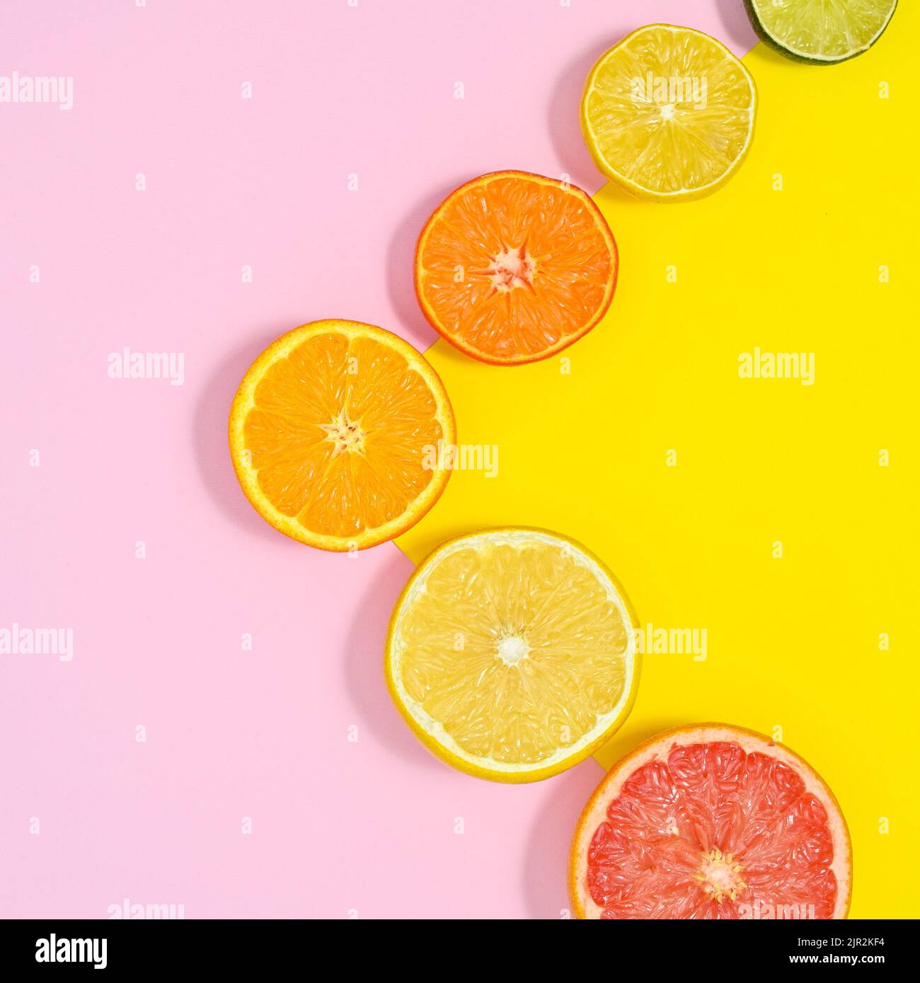 Layout mit in Scheiben geschnittenen Zitrusfrüchten auf pastellrosa und gelbem Hintergrund. Flach liegend Stockfoto