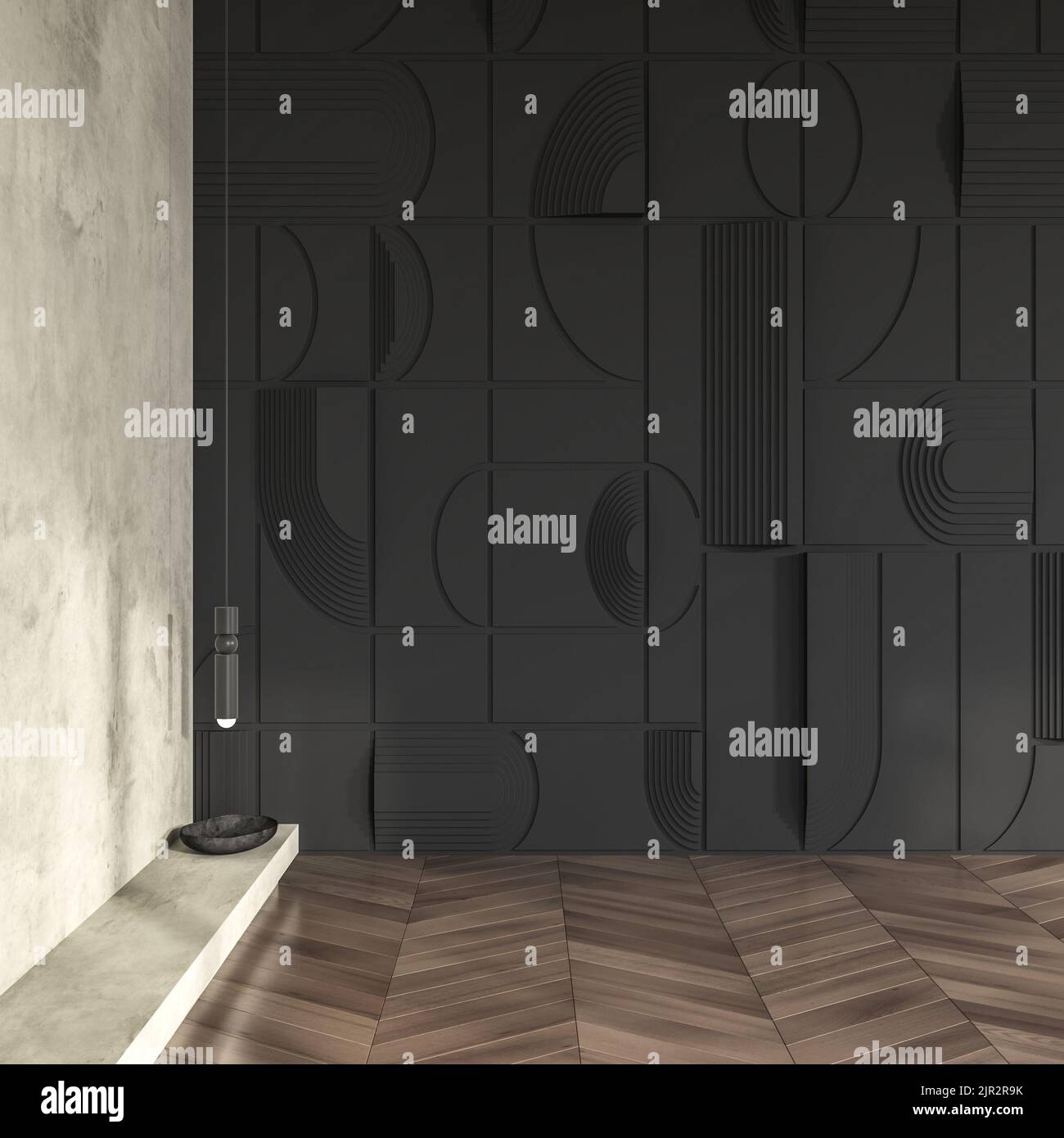 Moderne, minimalistische Einrichtung mit schwarzer Mosaikwand, schwarzer Deckenlampe und Holzschevronenboden, abbildung 3D mit Nachbildung Stockfoto