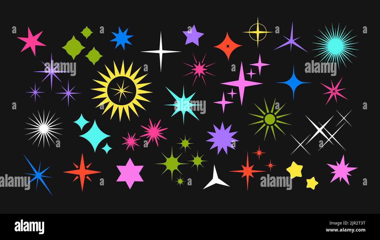 Flat Stars Shapes Kollektion minimalistischer Stil. Brutal Kunst Grafik, Geometrie Symbole Säure Neonfarben. Starburst, glänzen rassig Vektor dekorativ Stock Vektor