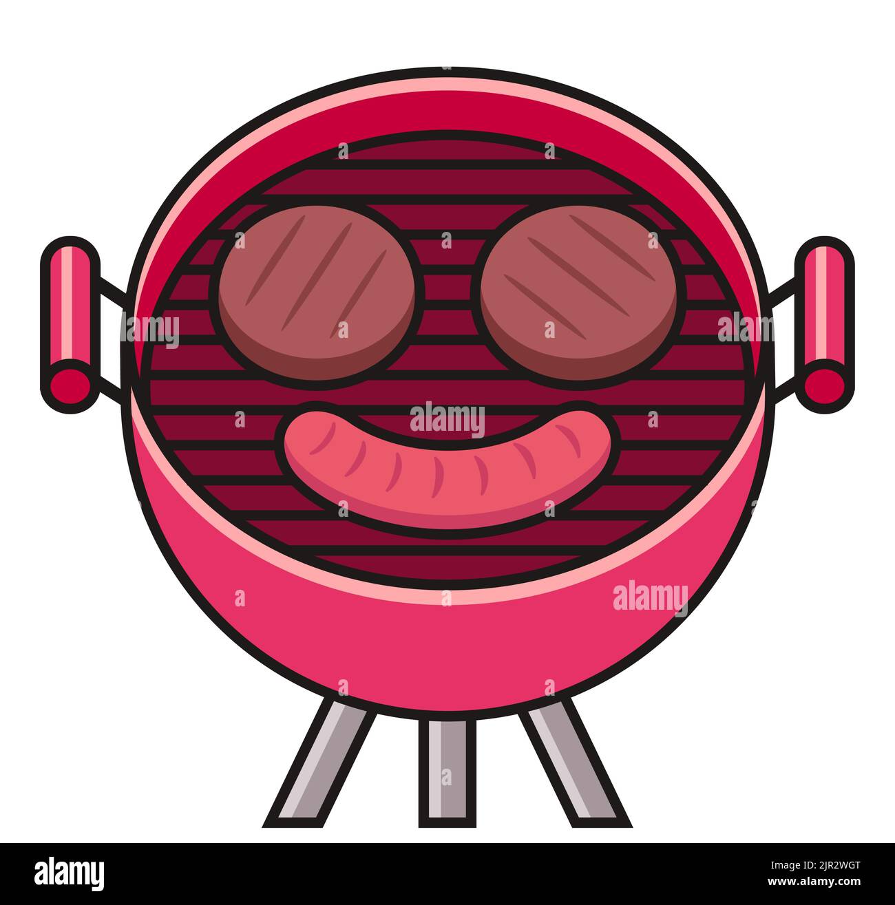 Hamburger Patties und Wurst in Form von Smiley Face auf dem Grill. BBQ-Essen in flacher Cartoon-Icon-Stil, isoliert Vektor Clip Art Illustration. Stock Vektor