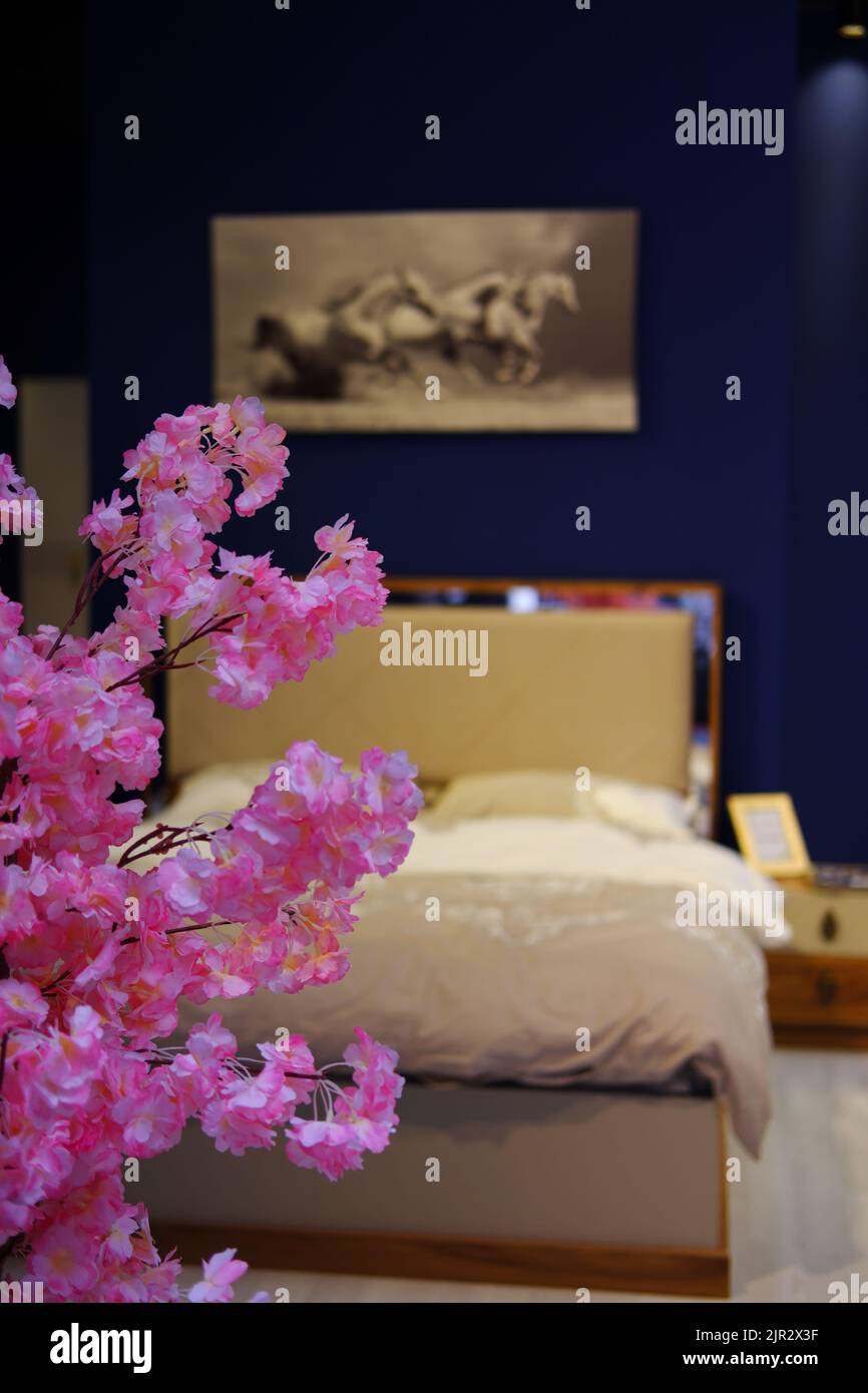 Ordentliches, modernes Doppelbett in einem modern eingerichteten Zimmer mit Porträts an der Wand hinter einer violetten Blume Stockfoto