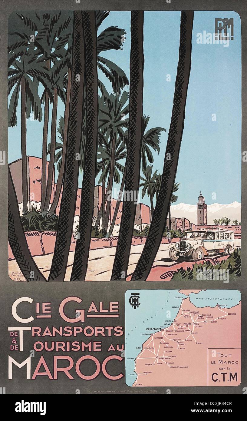 Vintage-Reiseposter - Cie Gale DE TRANSPORTS & DE TOURISME AU MAROC 1929. Stockfoto