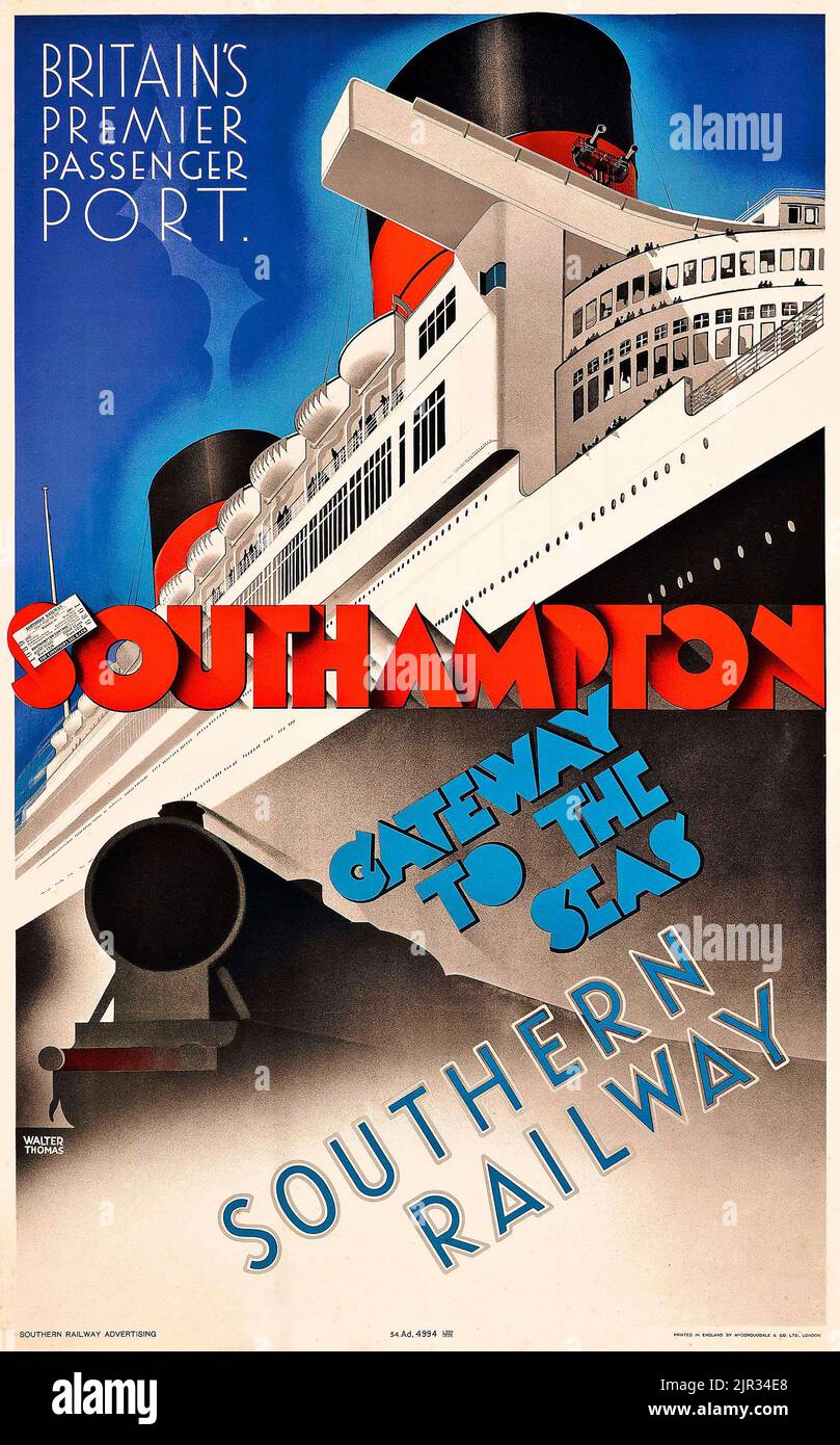 Vintage Reise-Poster - Southern Railway Southampton Gateway to the Seas (RMS Queen Elizabeth) Walter Thomas 1939. Stockfoto