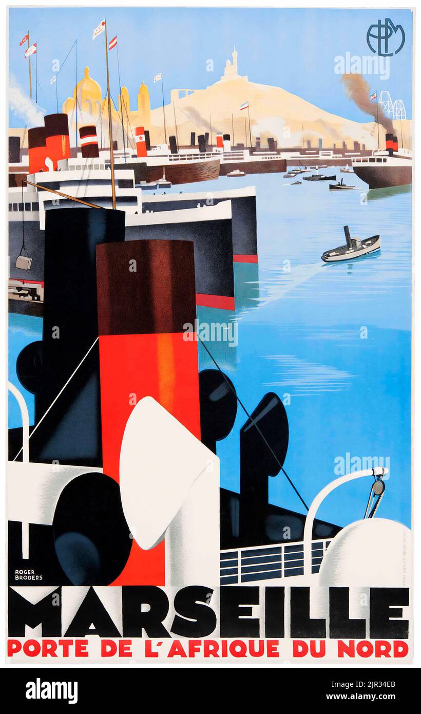 Vintage-Reiseposter - Roger Broders-Kunstwerk, Hafen in Marseille, Frankreich - 1928 - PLM-Poster. Stockfoto