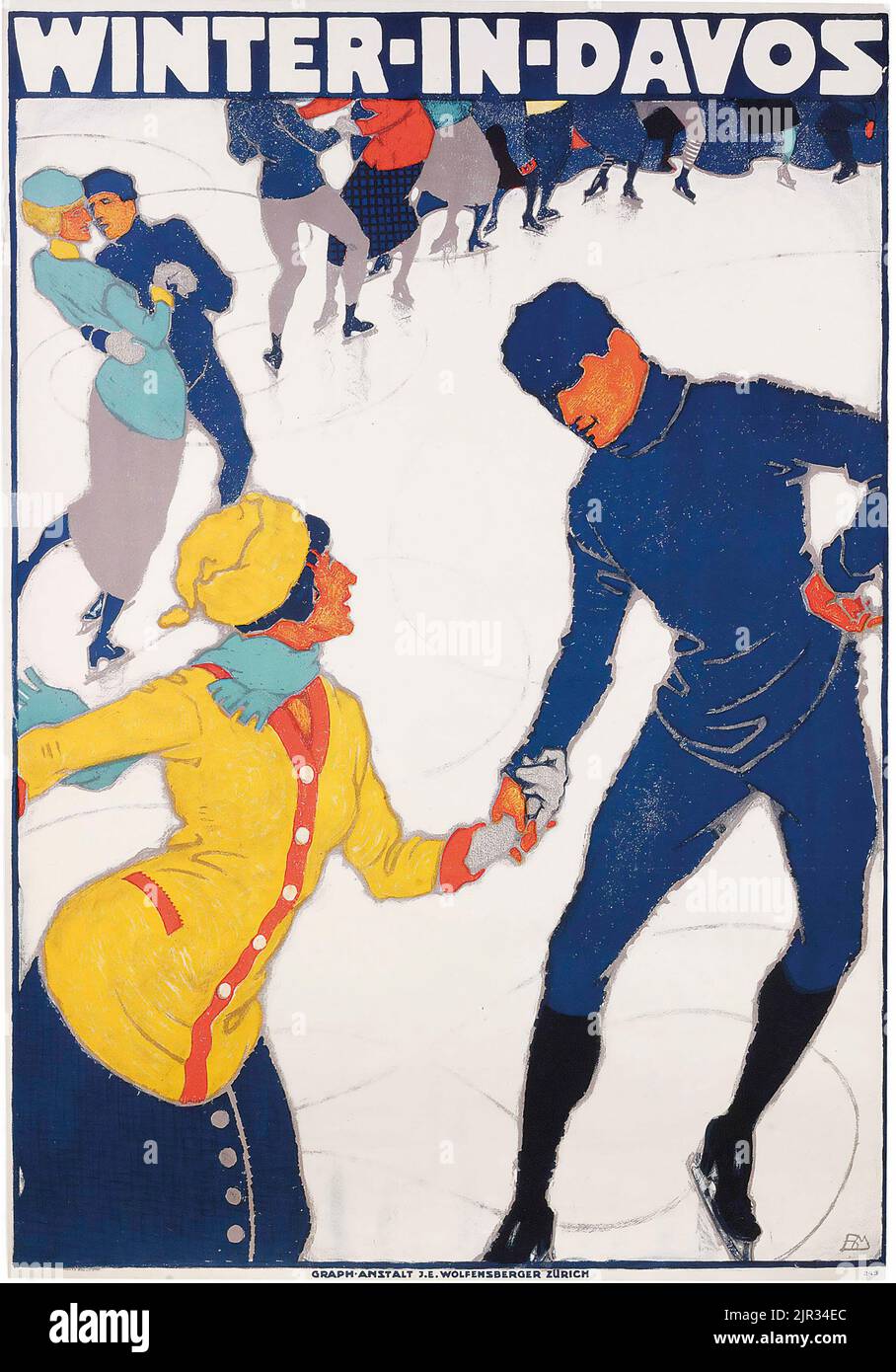 Vintage Reiseplakat - Bukhard Mangold (1873-1950) Winter in Davos 1914 - Suisse, Schweiz, Schweiz, Swiss. Schlittschuhpaar. Stockfoto
