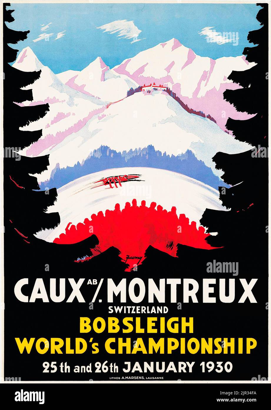 Vintage-Reiseposter - Jacomo Müller - CAUX MONTREUX 1930 - Bob-Weltmeisterschaft. Schweiz, Schweiz, Schweiz, Schweiz. Alpen. Stockfoto