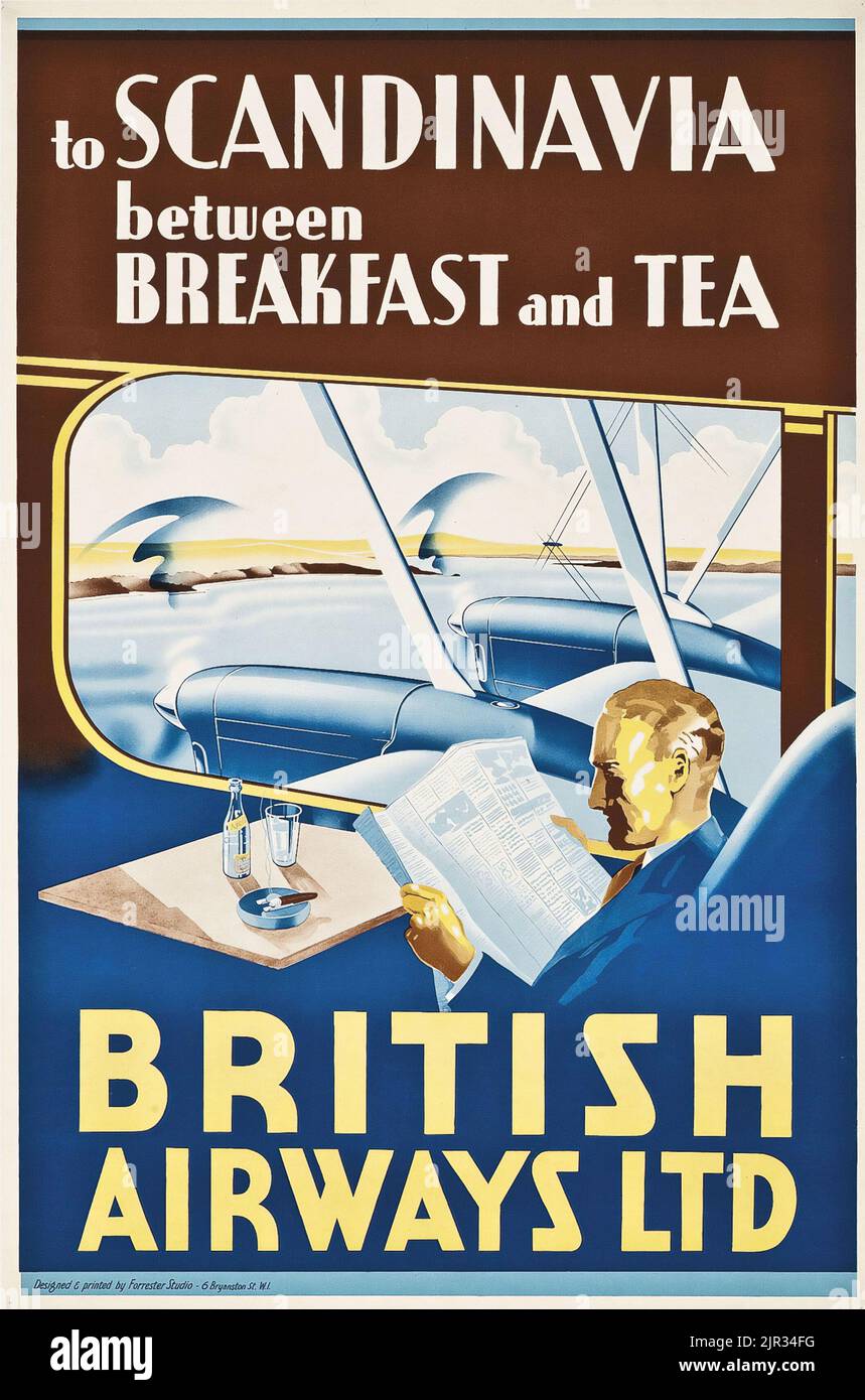 Vintage-Reiseplakat - nach Skandinavien zwischen Frühstück und Tee - British Airways Ltd - Flugplakat. Anonymer Künstler. Stockfoto