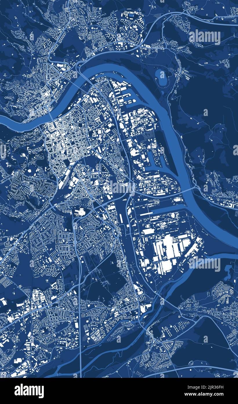Detailliertes blaues Vektor-Kartenplakat des Stadtverwaltungsgebiets von Linz. Panorama der Skyline. Dekorative Grafik Touristenkarte des Linzer Territoriums. Lizenzfreie Bilder Stock Vektor