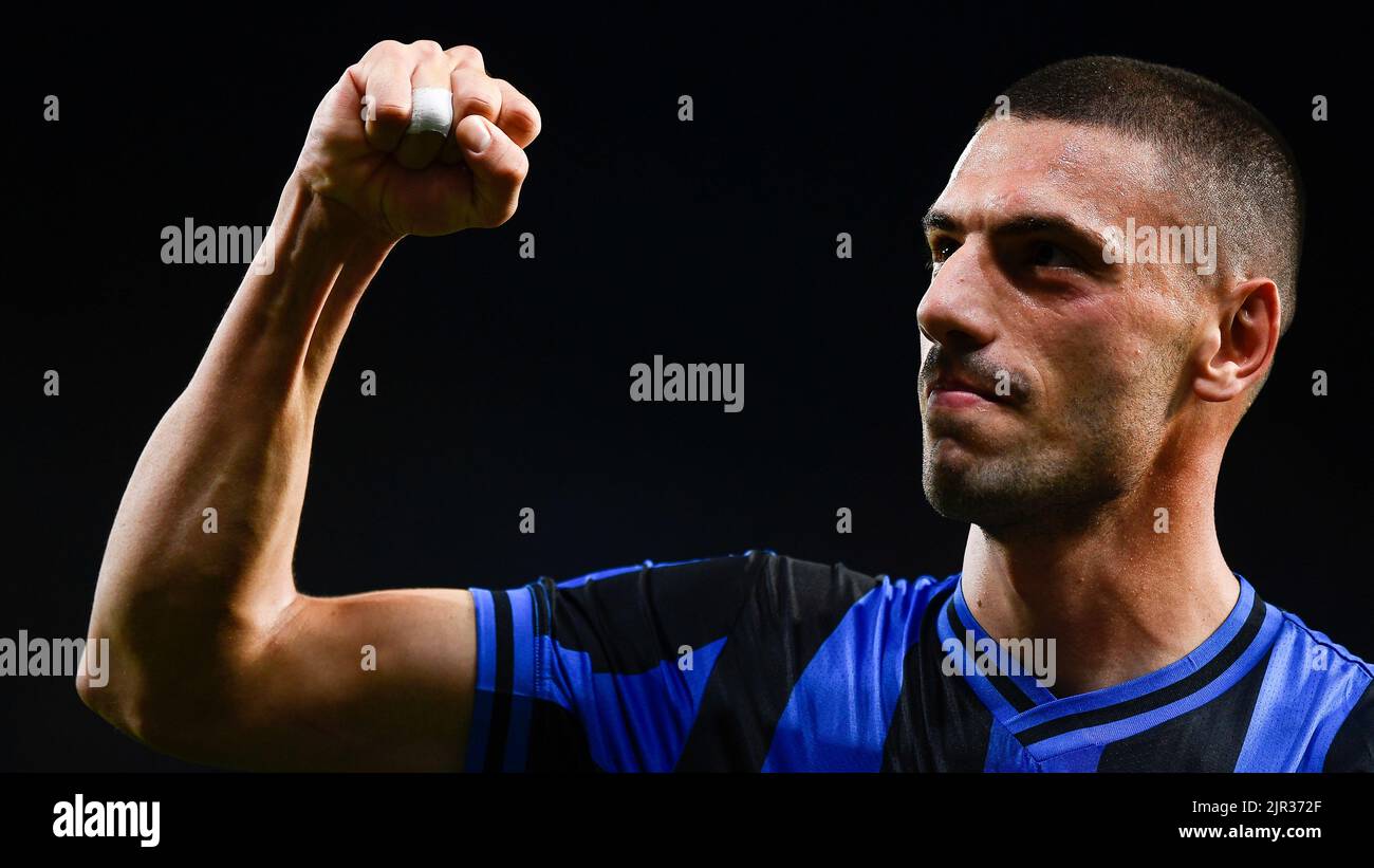 Bergamo, Italien. 21. August 2022. Merih Demiral von Atalanta BC zeigt am Ende des Fußballspiels der Serie A zwischen Atalanta BC und AC Mailand. Kredit: Nicolò Campo/Alamy Live Nachrichten Stockfoto