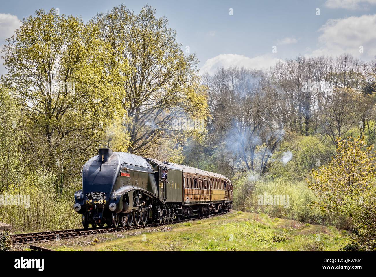 LNER 'A4' 4-6-2 No. 4498 'Sir Nigel Gresley' kommt mit der Severn Valley Railway, Worcestershire, nach Highley Stockfoto
