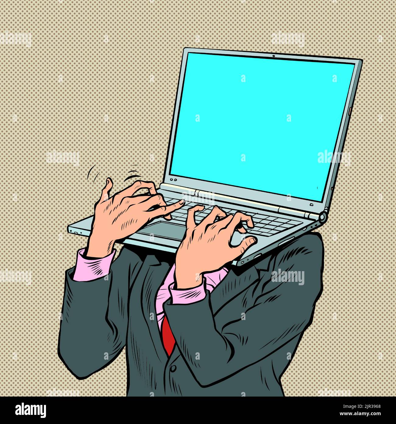 Pop-Art-Geschäftsmann mit Laptop statt Kopf. Ein elektronisches Gerät, das einen Computer trägt. Büroarbeit Stock Vektor