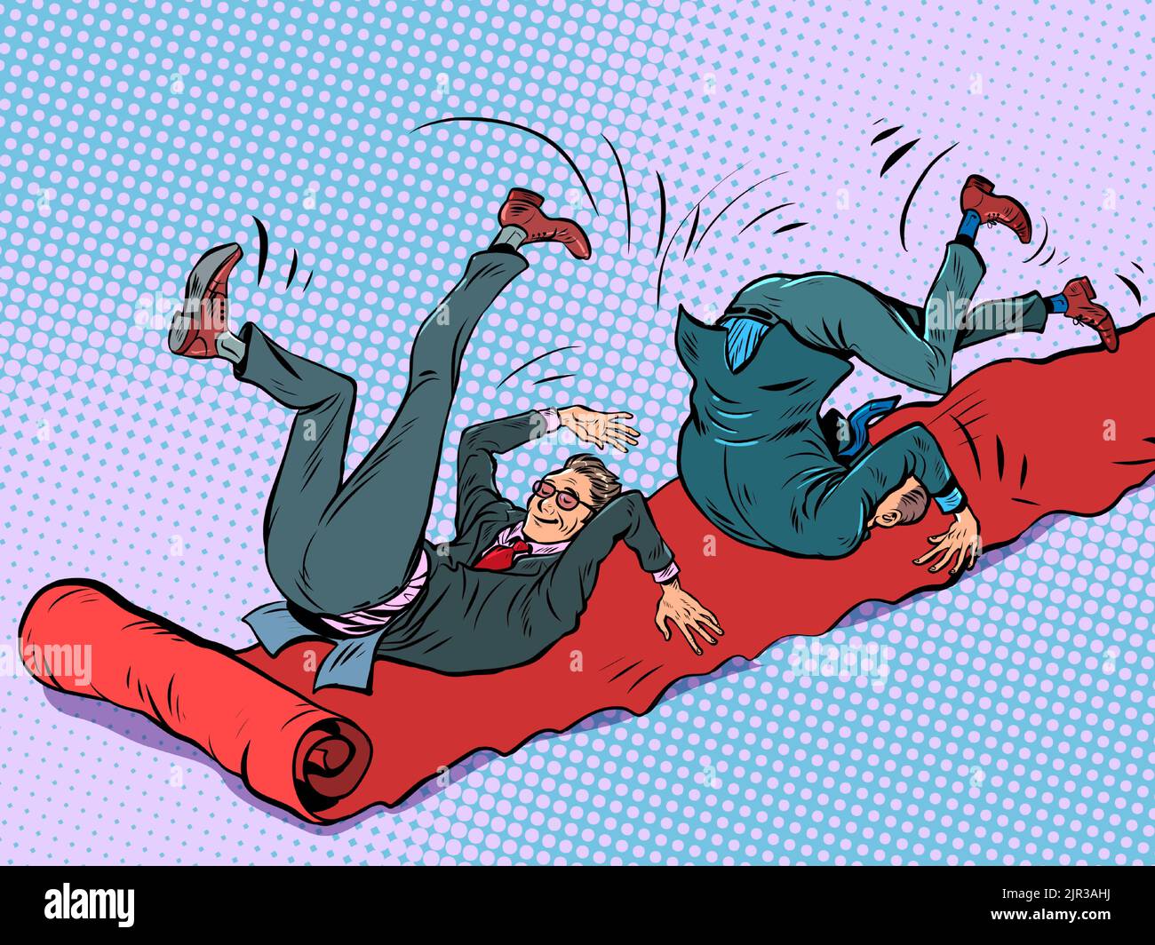 Ein Geschäftsmann rollt den roten Teppich Teppich einer Filmpremiere herunter. Peinlichkeit lustig fallen. Pop Art Retro Vektor Illustration 50s 60s Stil Kit Stock Vektor