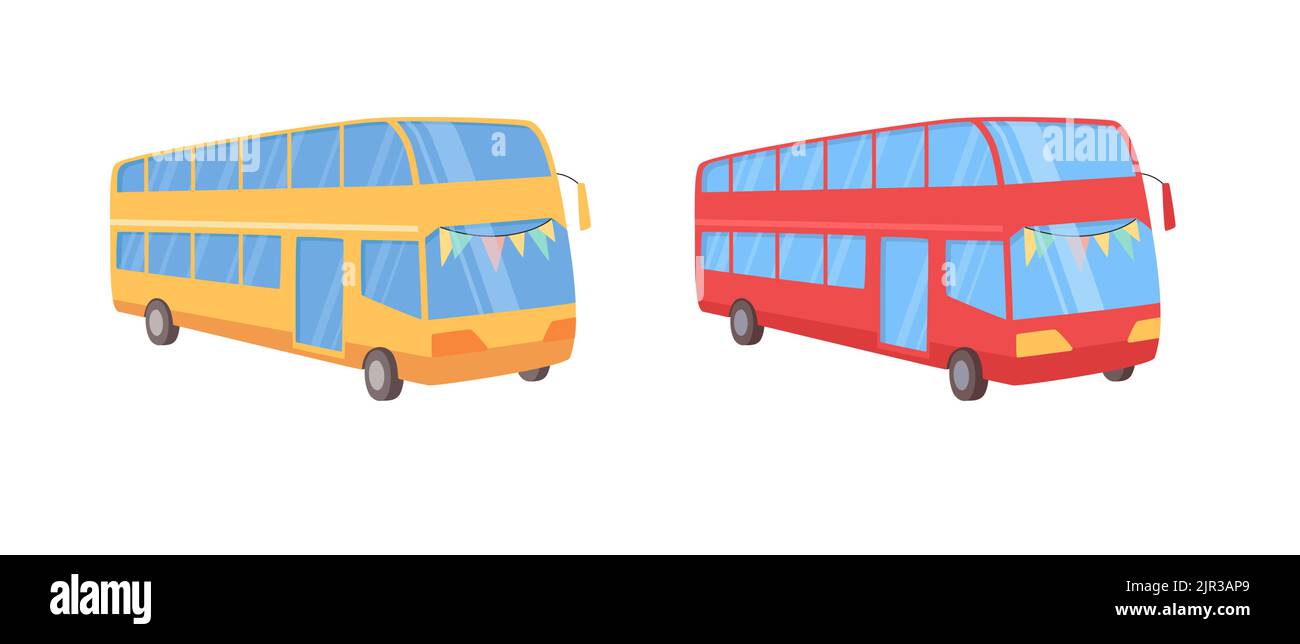 Bus. Darstellung in flacher Form auf einem isolierten Hintergrund. Fröhlicher, heller Touristenbus für Reisen. Gelbe und rote Busse mit Fahnen auf der Frontscheibe. Stock Vektor