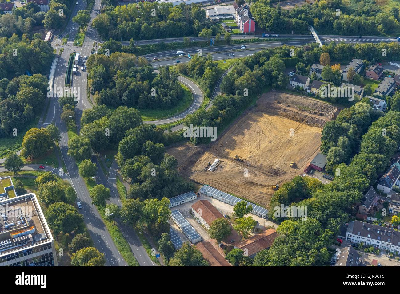 Luftaufnahme, Baustelle Sportplatz Wohlfahrtstraße für neuen Kunstrasen der DJK Teutonia Ehrenfeld im Landkreis Wiemelhausen in Bochum, Stockfoto