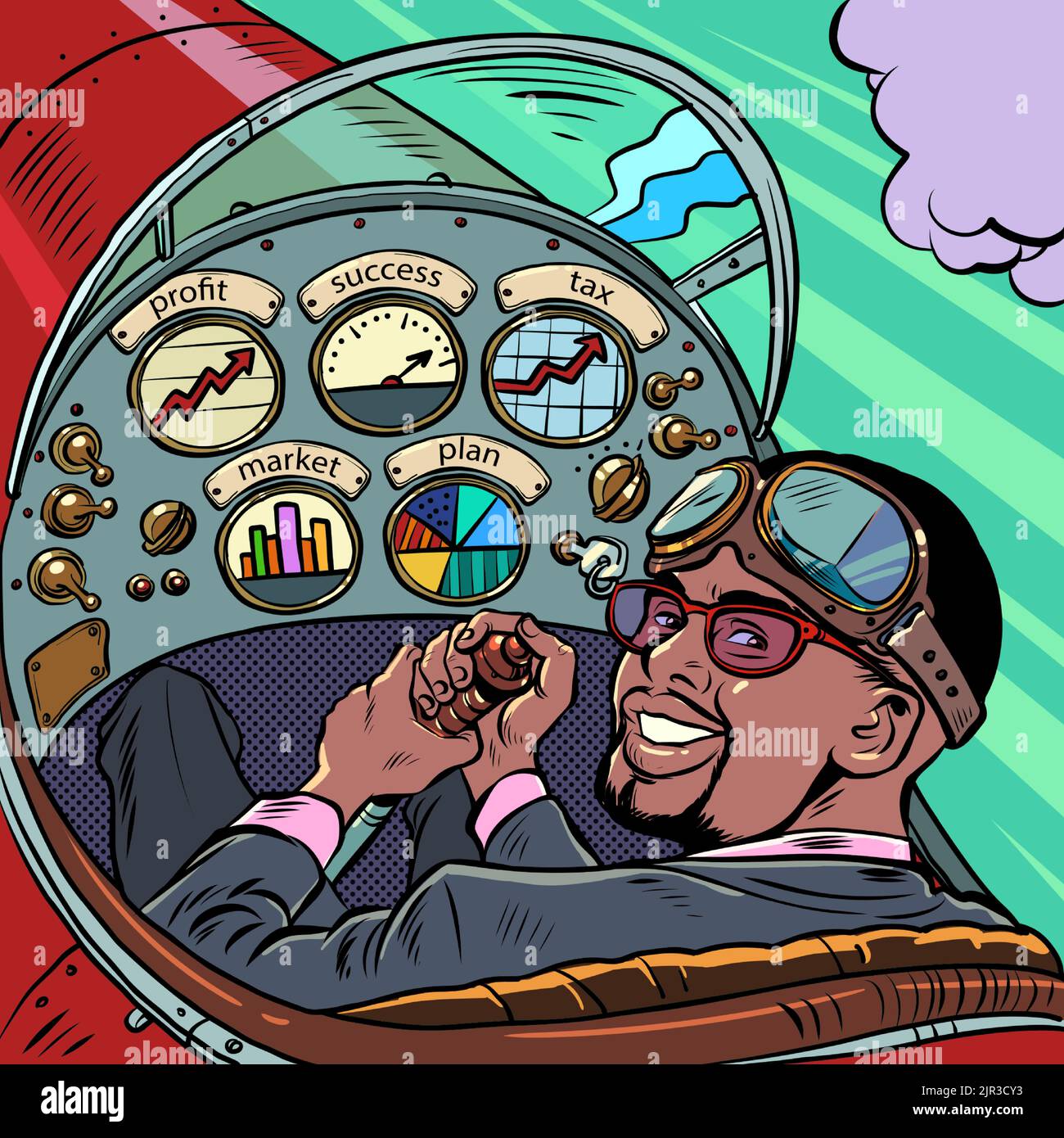 Cockpit eines Retro-Flugzeugs, führt der afroamerikanische Pilot das Flugzeug. Pilotenberuf Stock Vektor
