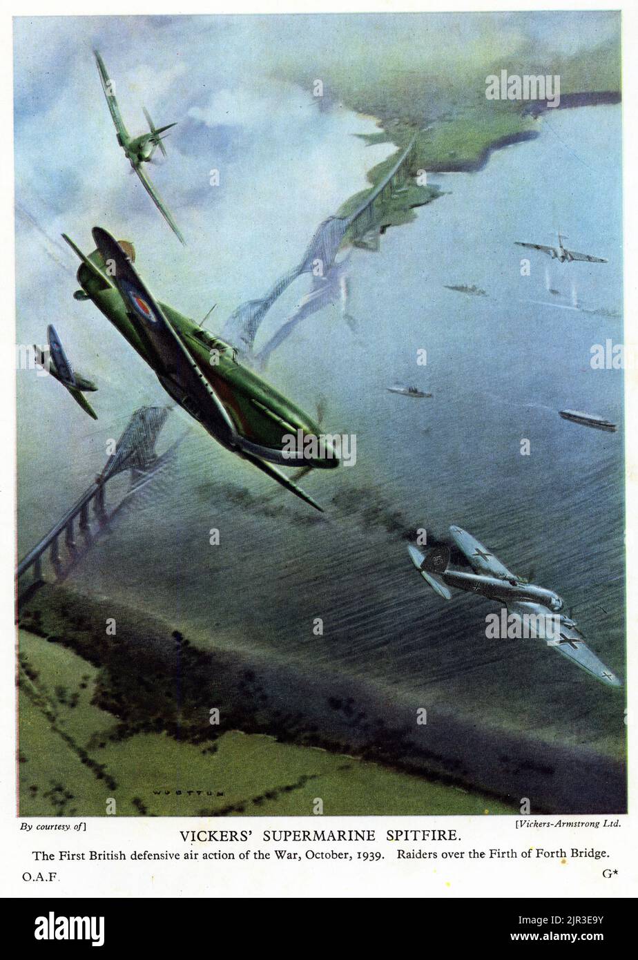 Halbton einer Staffel von Spitfires in Aktion über Schottlands Firth of Forth Bridge im Oktober 1939, World war Two, veröffentlicht 1942. Stockfoto