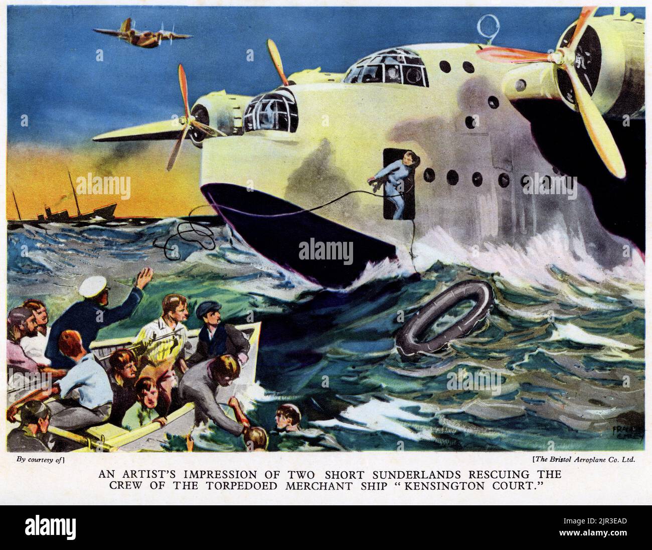 Halbton von zwei kurzen Sunderlands, die zur Rettung der Besatzung des torpedierten Handelsschiffs Kingsington Court, World war Two, fliegen, veröffentlicht 1942. Stockfoto